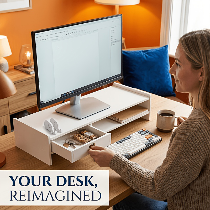 Desk Setup Home Office - Minimalistyczna biała podstawka pod monitor z